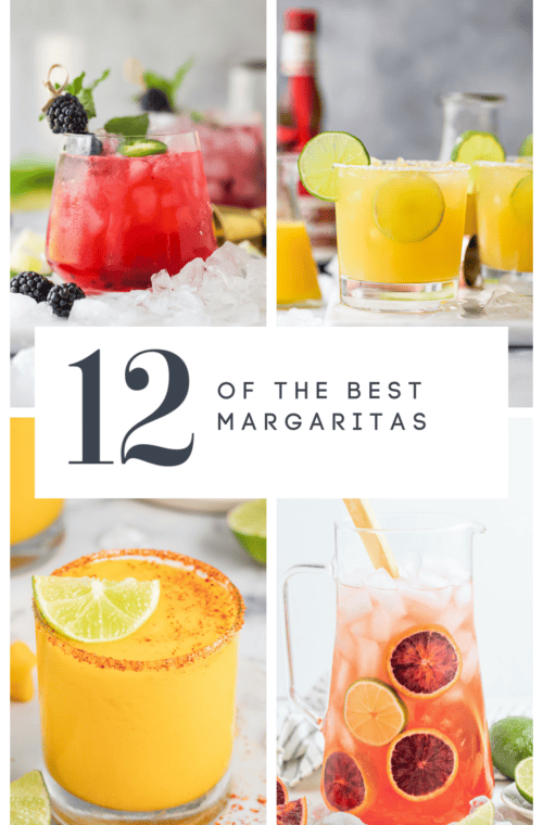 Title image for the Best Margarita Recipes featuring a collage with a blackberry margarita, frozen mango margarita, classic margarita, and blood orange margarita.
