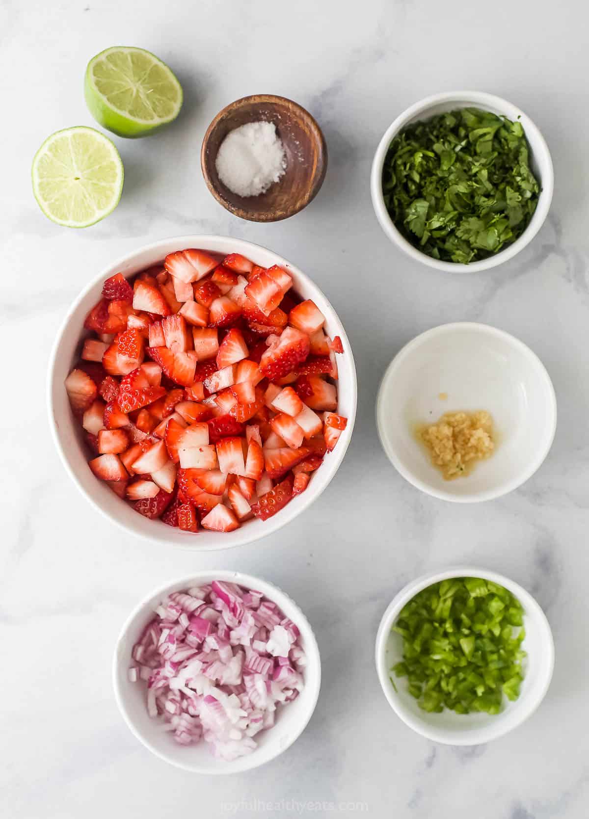 This 10-minute strawberry salsa is fruity, spicy, and tangy all in one bite. It's the perfect summer appetizer with corn chips! Ingredients for strawberry salsa.