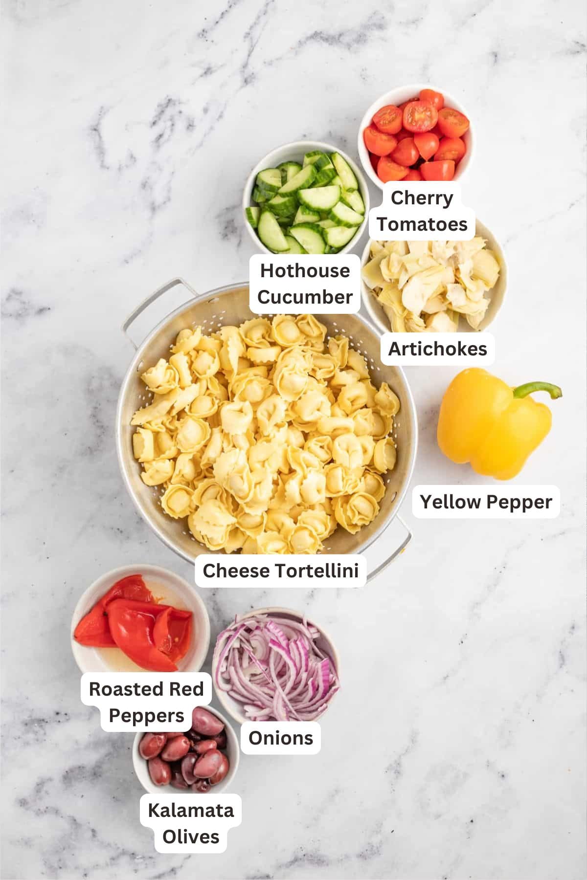 Ingredients for Greek Tortellini Pasta Salad.