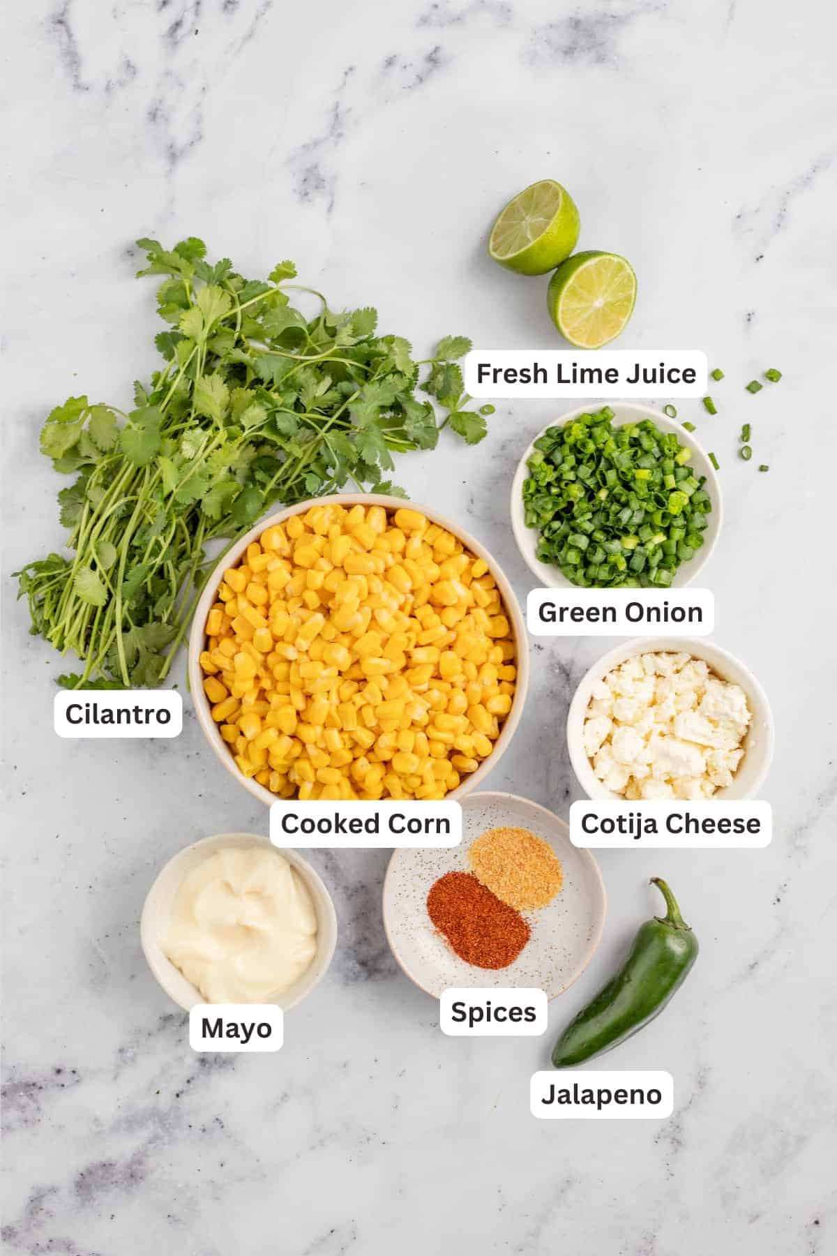 This 10-minute Mexican street corn dip is loaded with mayo, cotija cheese, lime juice, and chili powder for an authentic snack at home. Ingredients for Mexican Street Corn Dip.