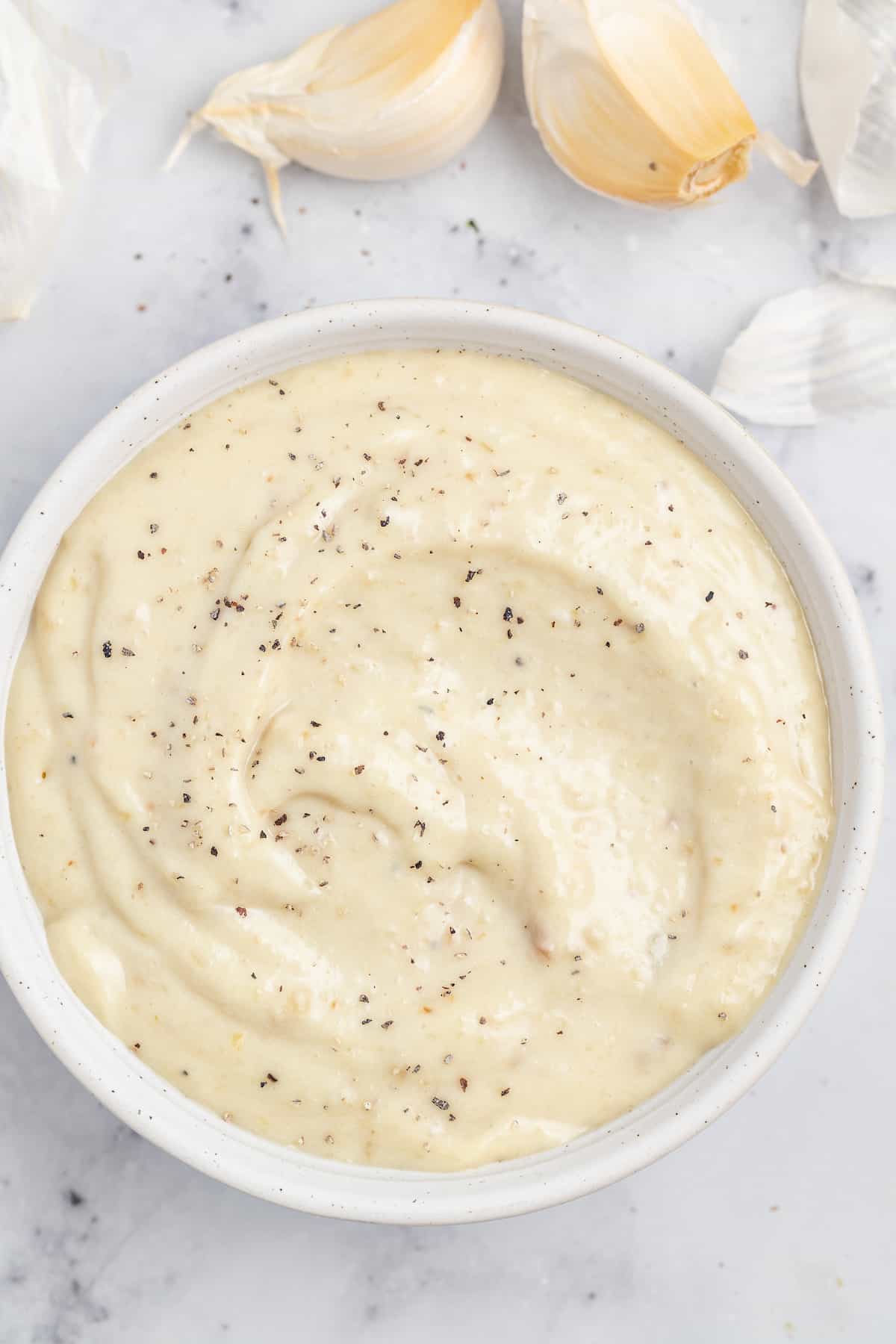 Roasted garlic aioli in a bowl. 