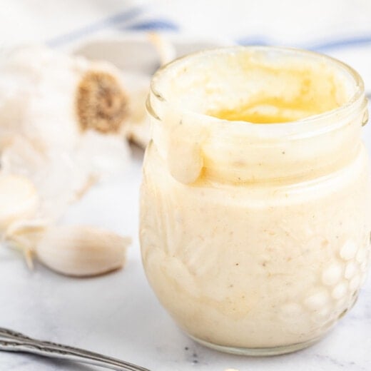 Jar of garlic aioli.