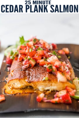 pinterest image for Cedar Plank Salmon with Strawberry Salsa