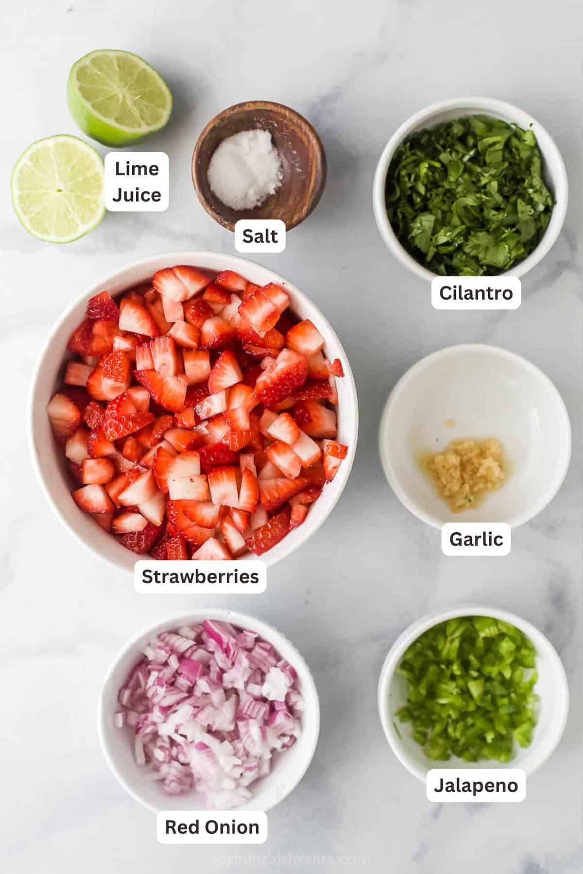Ingredients for Fresh Strawberry Salsa.