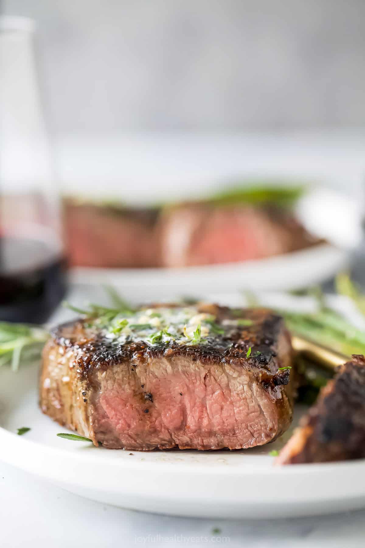Close-up of a sliced steak. 