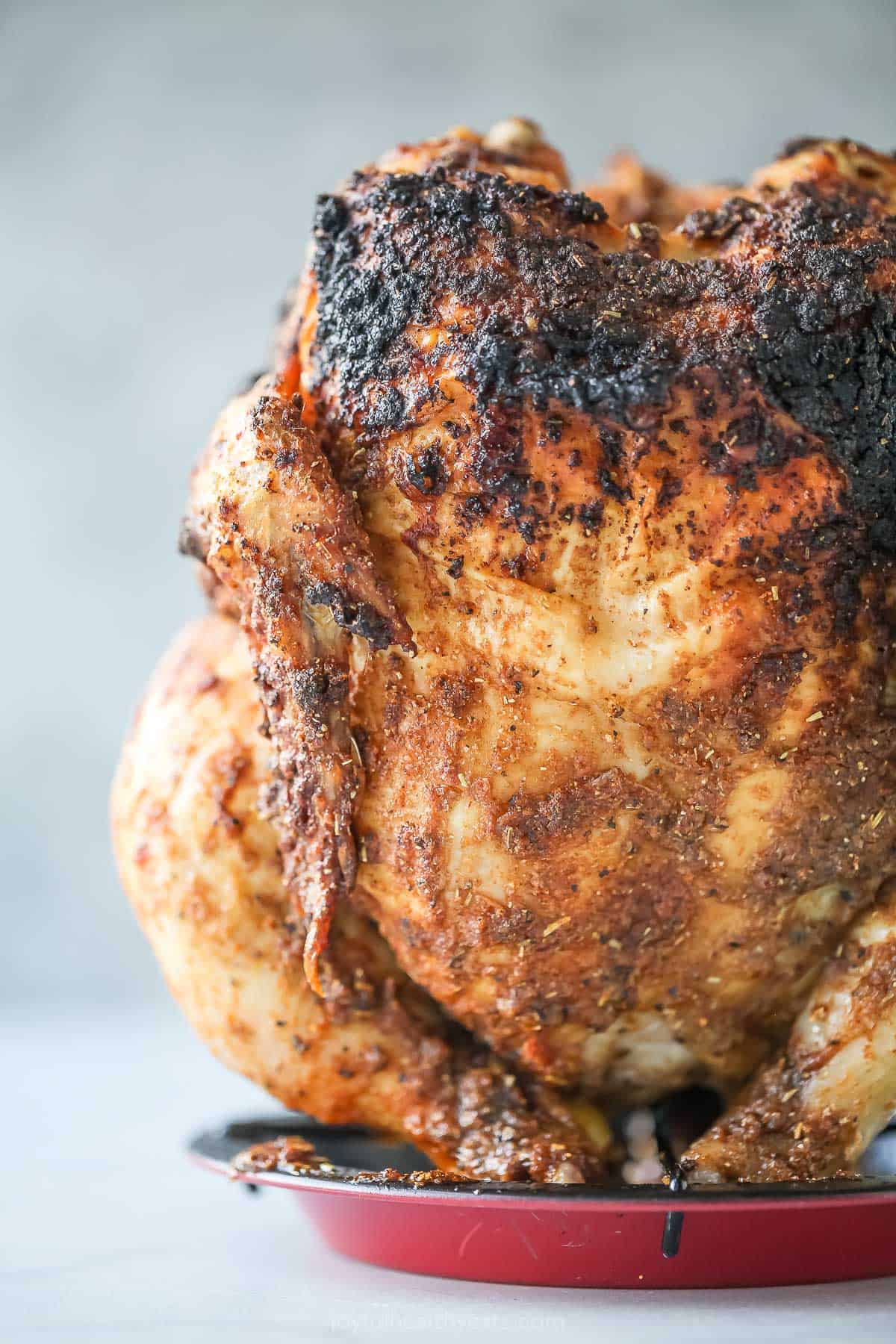 Angled photo of grilled whole chicken. 