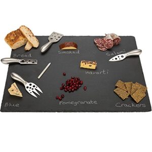 20" x 14" Extra Large Slate Cheese Board and Stainless Steel Cutlery Set - Includes 4 Knives plus a Soap Stone Chalk, Perfect Cheese Platter Slate Board, Wine and Cheese Serving Board Brie Swiss