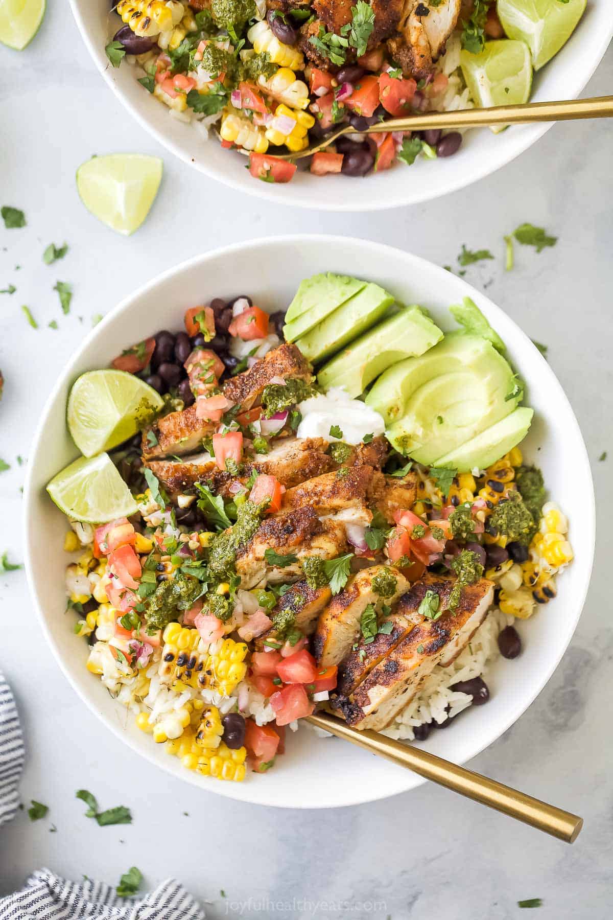 An overheat shot of a chicken burrito bowl. 