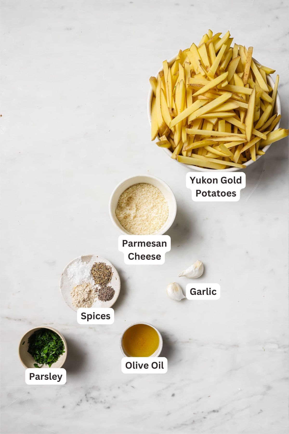 Ingredients for Crispy Baked Garlic Parmesan Fries.
