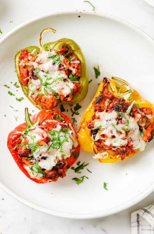 Three Italian stuffed peppers on a plate.