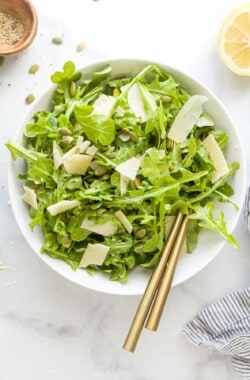 Arugula salad recipe in a bowl.