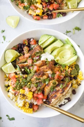 An overheat shot of a chicken burrito bowl.