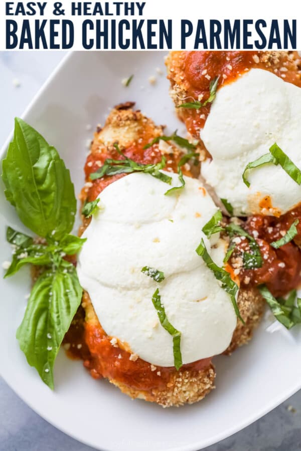 pinterest image for Lighter Baked Chicken Parmesan