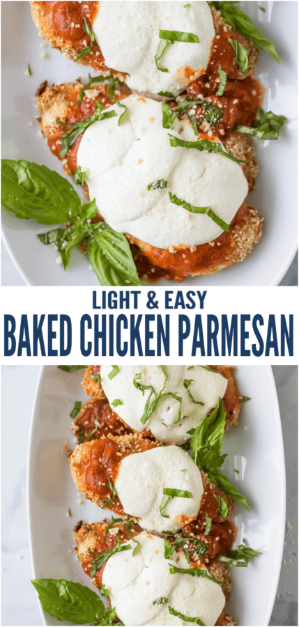 pinterest image for Lighter Baked Chicken Parmesan