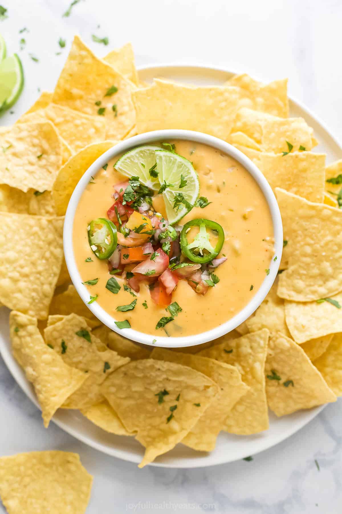 Overhead photo of chile con queso dip.