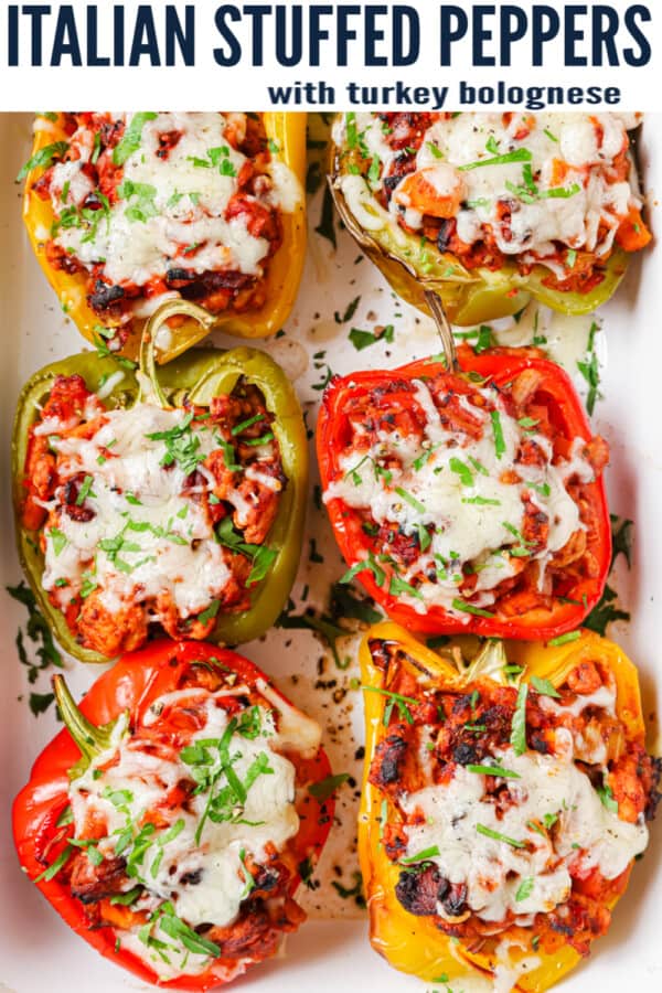 pinterest image for Italian Stuffed Pepper with Turkey Bolognese Sauce