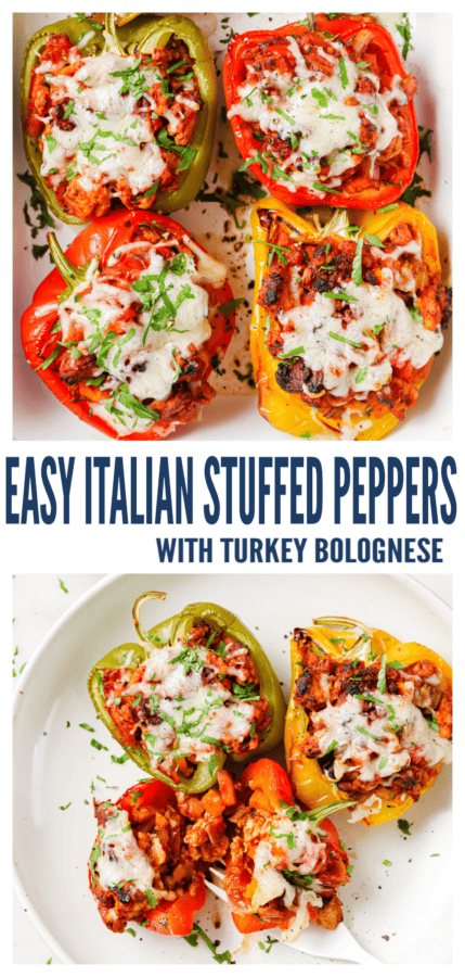 pinterest image for Italian Stuffed Pepper with Turkey Bolognese Sauce