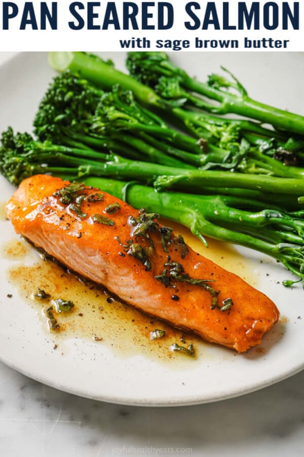 pinterest image for Pan Seared Salmon with Sage Brown Butter Sauce