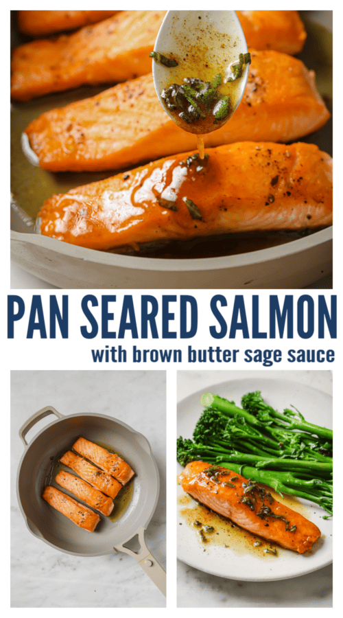 pinterest image for Pan Seared Salmon with Sage Brown Butter Sauce