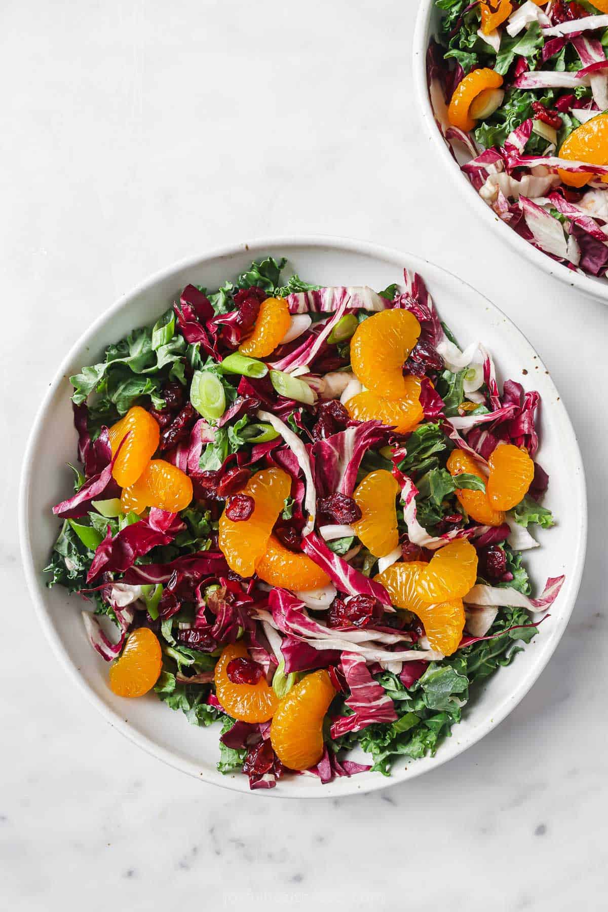 Kale salad with cranberries in a bowl.