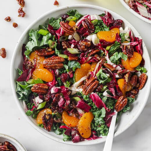 Landscape photo of kale salad with cranberries.