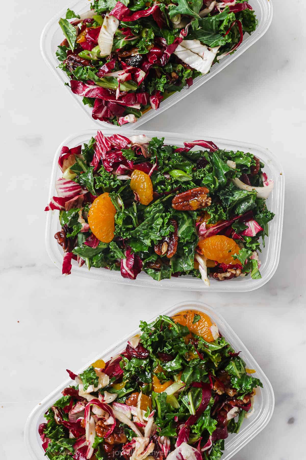 Three bowls with kale salad with cranberries.