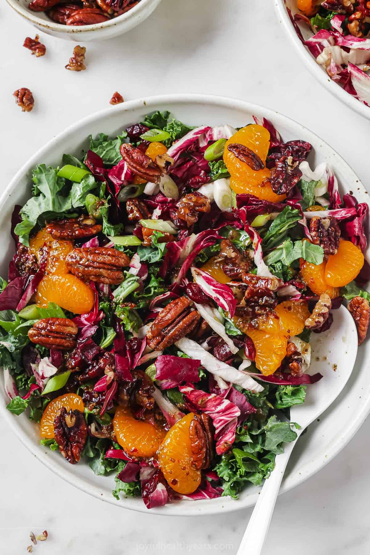 Bowl of kale salad with homemade dressing and candied pecans.