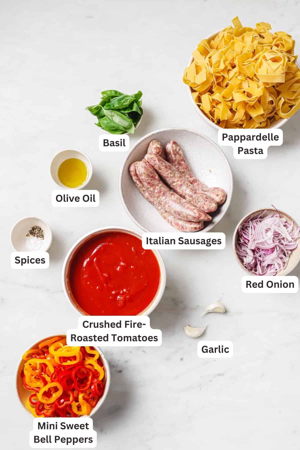 Ingredients for Pappardelle Pasta with Italian Sausage and Peppers.