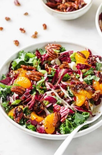 Bowl of kale salad with cranberries and candied pecans.