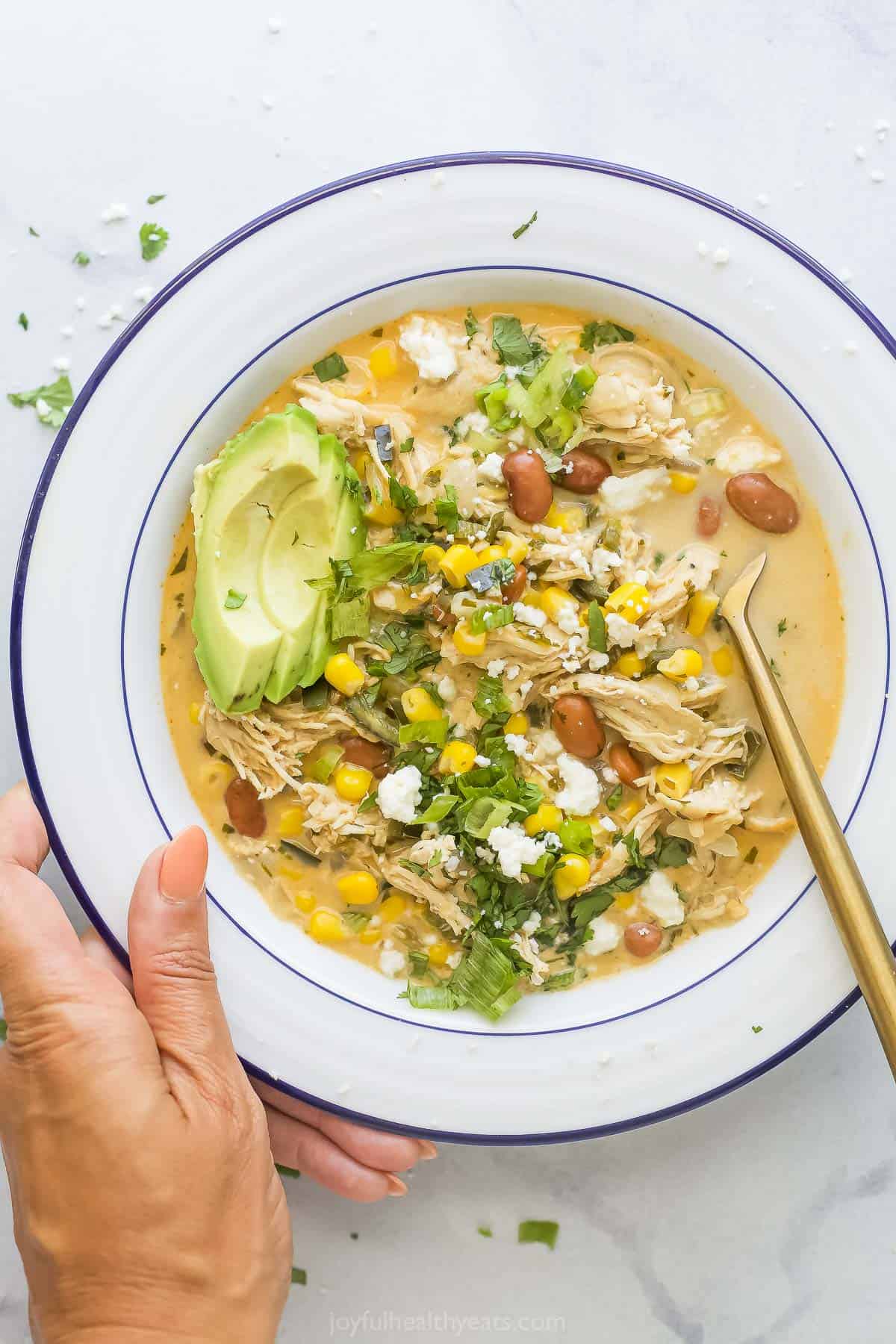 Bowl of creamy chicken step with avocado. 
