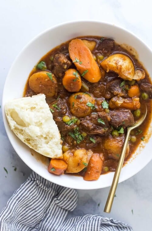 Bowl of instant pot beef stew.
