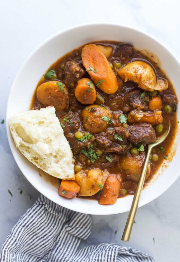 Bowl of instant pot beef stew.