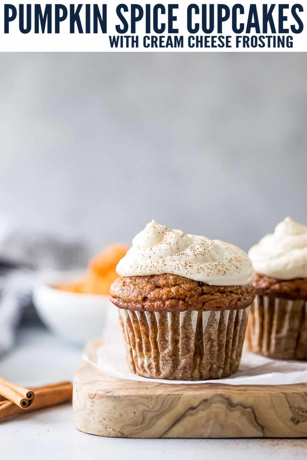 pinterest image of pumpkin spice cupcakes with cream cheese frosting