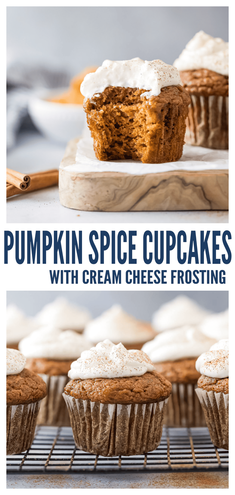 pinterest image of pumpkin spice cupcakes with cream cheese frosting