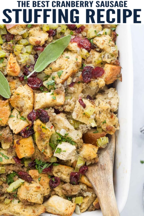 pinterest image for Cranberry Sausage Stuffing