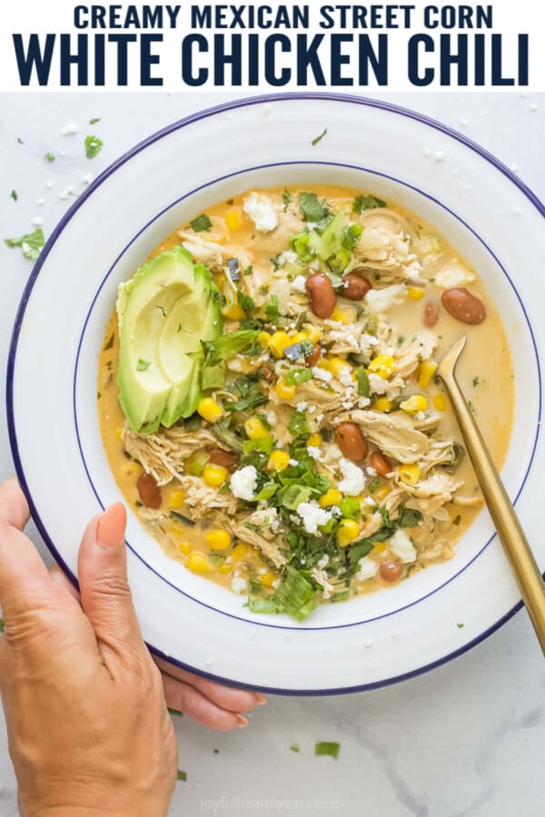 pinterest image for Creamy Mexican Street Corn White Chicken Chili