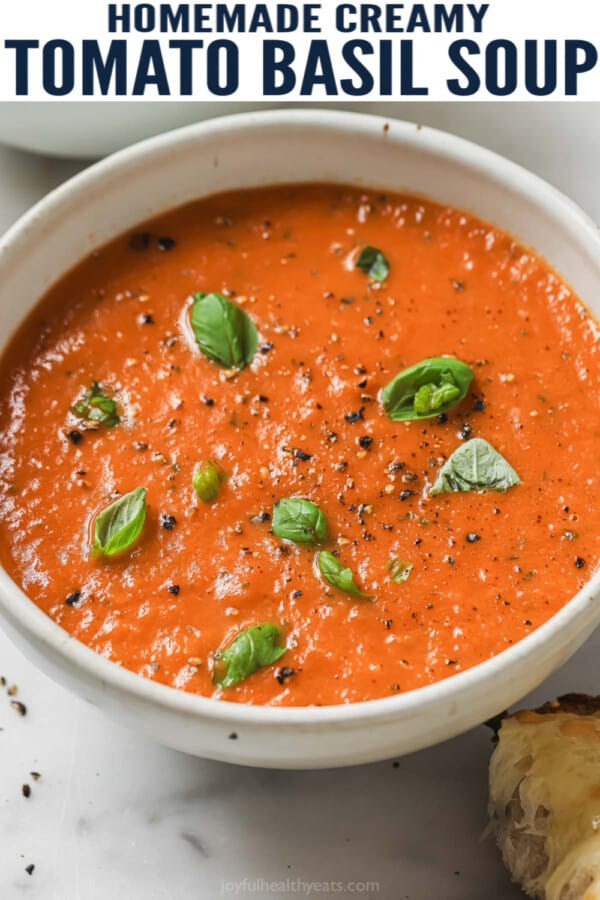 Pinterest image of creamy tomato basil soup