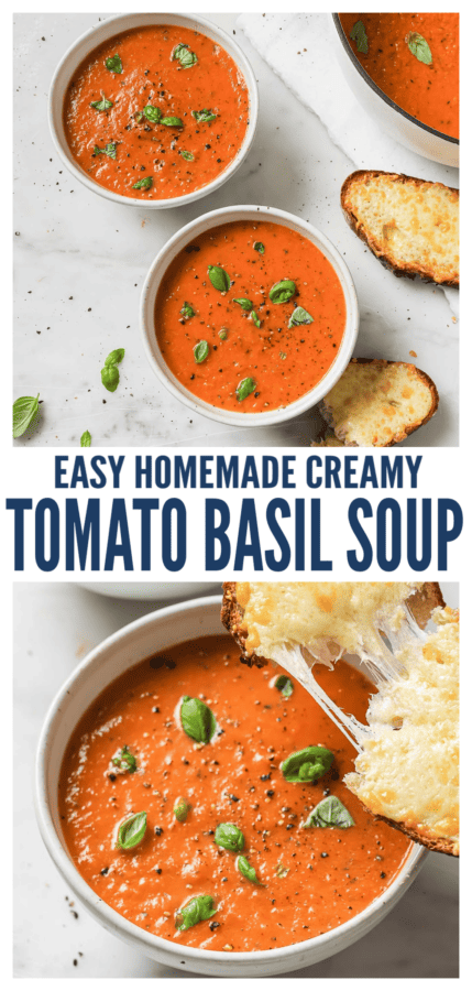 Pinterest image of creamy tomato basil soup