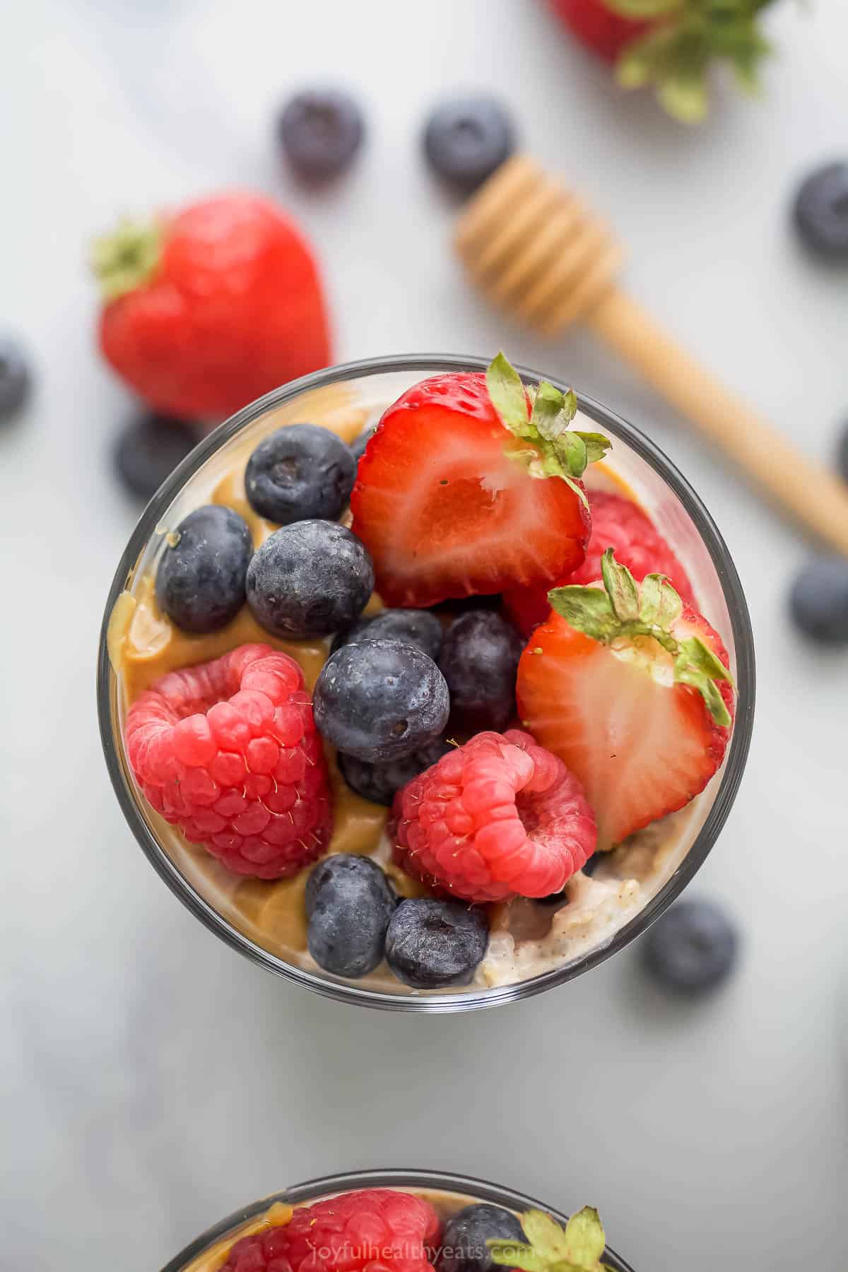 Close-up of the toppings on overnight oats with yogurt. 