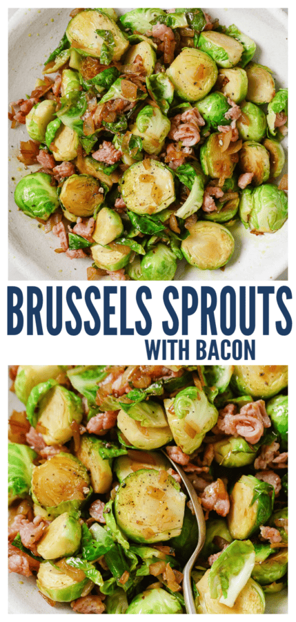 pinterest image for Sauteed Brussels Sprouts with Bacon