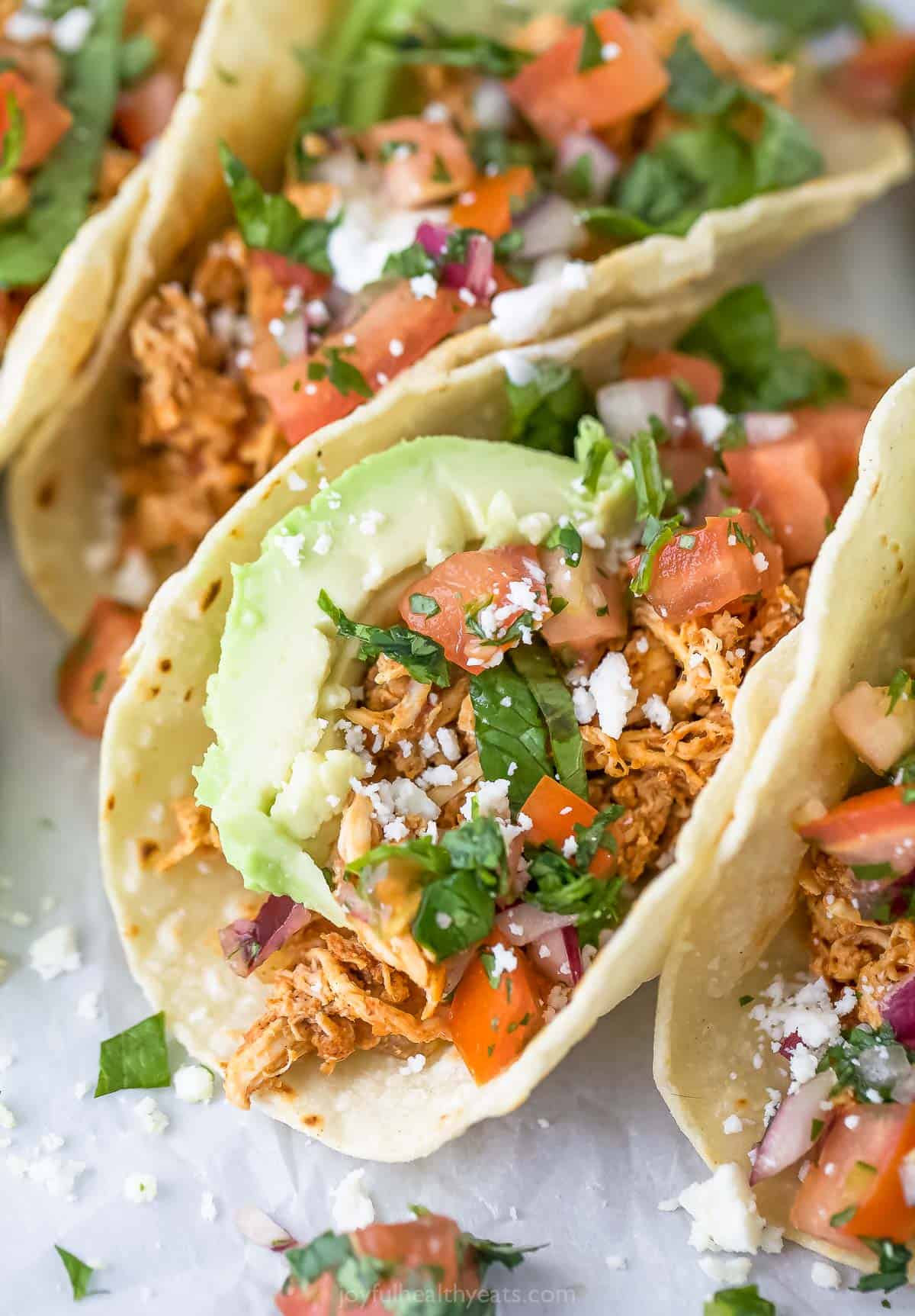 Close-up of a chicken taco with Tex-Mex seasoning. 