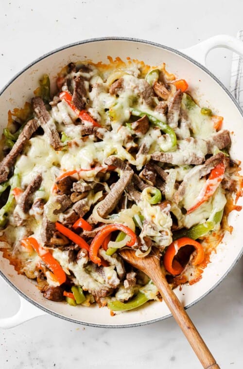 Philly cheesesteak in the skillet.