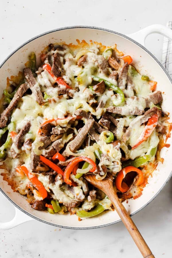 Philly cheesesteak in the skillet.