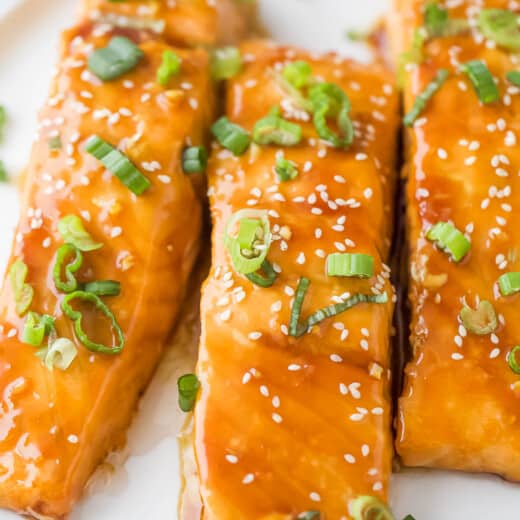 Three teriyaki salmon filets with homemade teriyaki sauce.