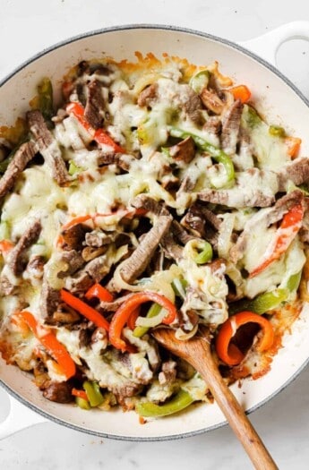 Philly cheesesteak in the skillet.