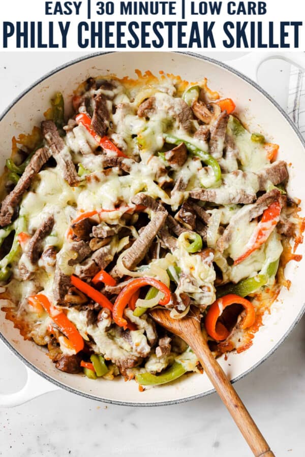 pinterest image for Philly Cheesesteak Skillet