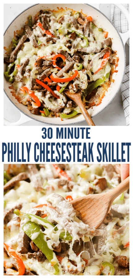 pinterest image for Philly Cheesesteak Skillet