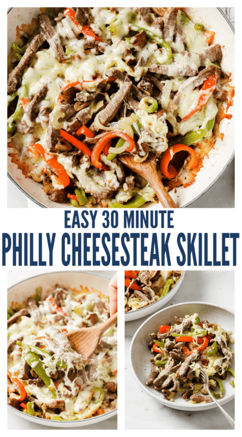 pinterest image for Philly Cheesesteak Skillet