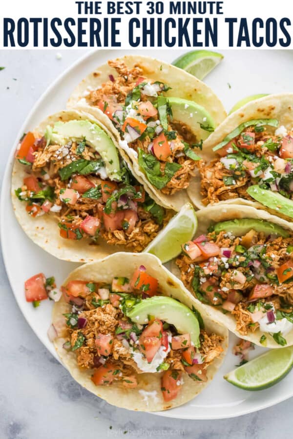 pinterest image for Shredded Rotisserie Chicken Tacos