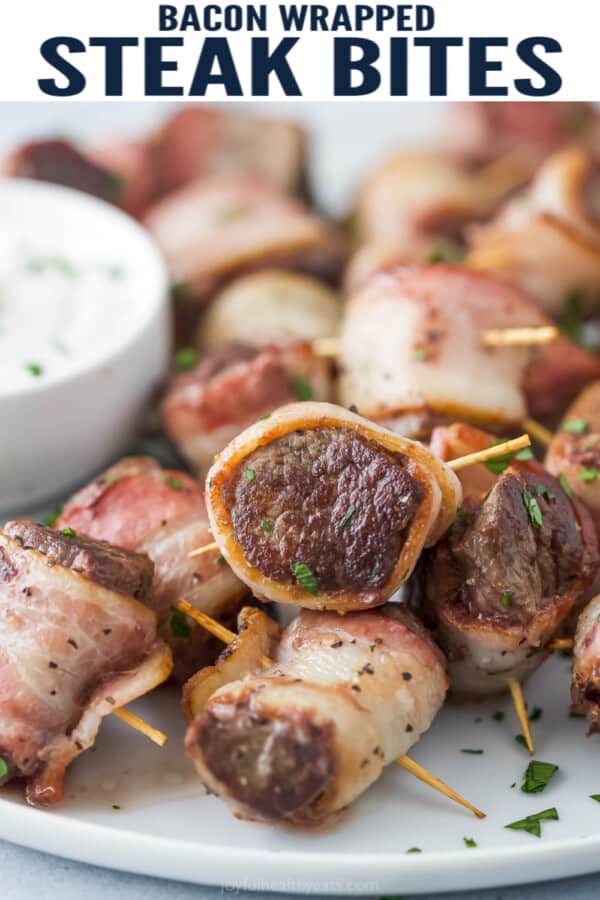 pinterest image for Bacon-Wrapped Tenderloin Bites